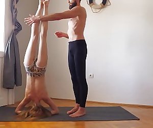 Workout yoga exercise together for the first time